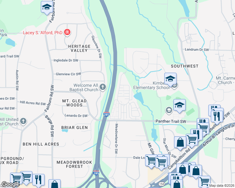 map of restaurants, bars, coffee shops, grocery stores, and more near 3317 Cascade Parc Boulevard Southwest in Atlanta