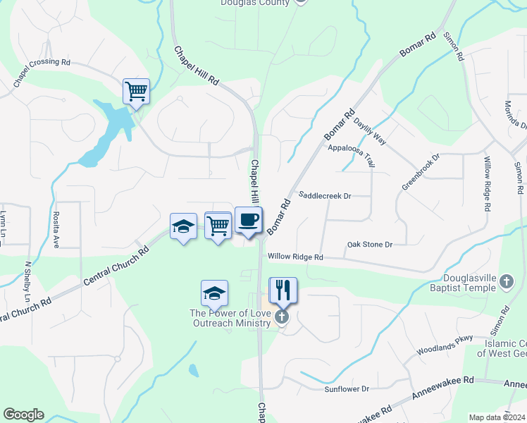 map of restaurants, bars, coffee shops, grocery stores, and more near 3796 Chapel Hill Road in Douglasville