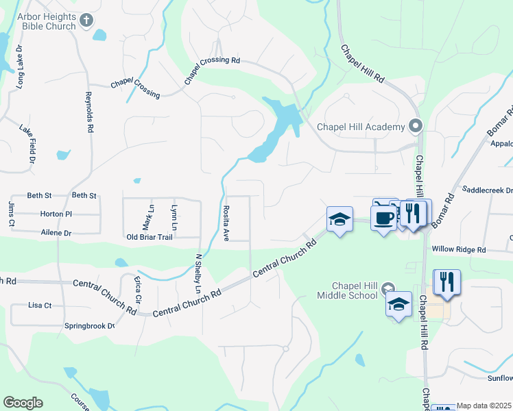 map of restaurants, bars, coffee shops, grocery stores, and more near 3839 Rosedale Lane in Douglasville