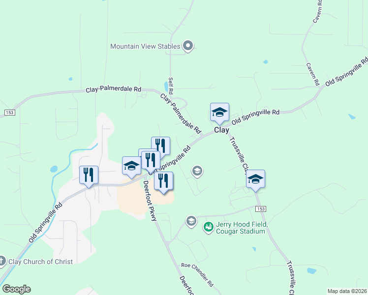 map of restaurants, bars, coffee shops, grocery stores, and more near 6776 Old Springville Road in Pinson