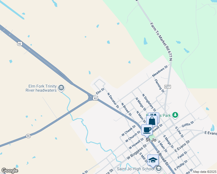 map of restaurants, bars, coffee shops, grocery stores, and more near 810 North Decatur Street in Saint Jo
