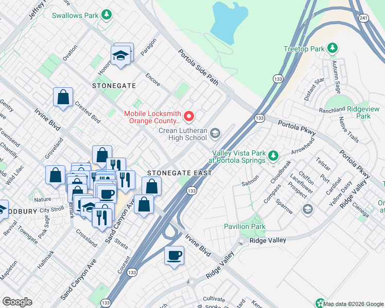 map of restaurants, bars, coffee shops, grocery stores, and more near 24 Shellbark in Irvine