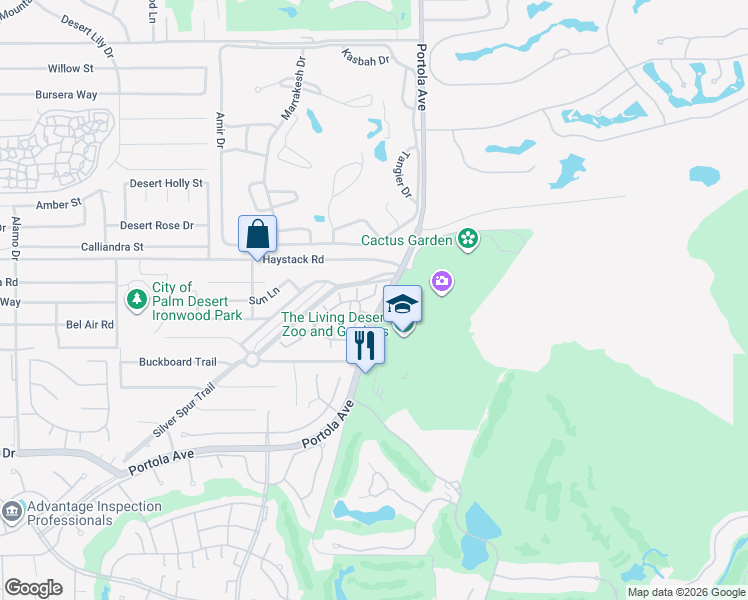map of restaurants, bars, coffee shops, grocery stores, and more near 47550 Silver Spur Trail in Palm Desert