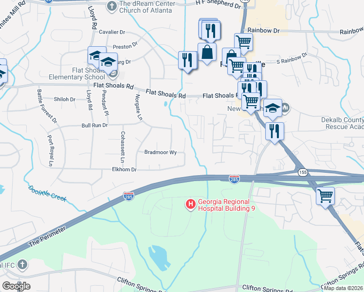 map of restaurants, bars, coffee shops, grocery stores, and more near 2834 Elkhorn Drive in Decatur