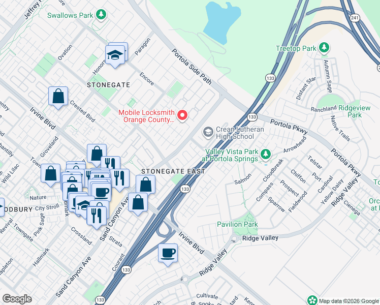 map of restaurants, bars, coffee shops, grocery stores, and more near 29 Shellbark in Irvine