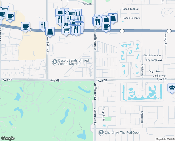 map of restaurants, bars, coffee shops, grocery stores, and more near 47747 Gertrude Way in La Quinta