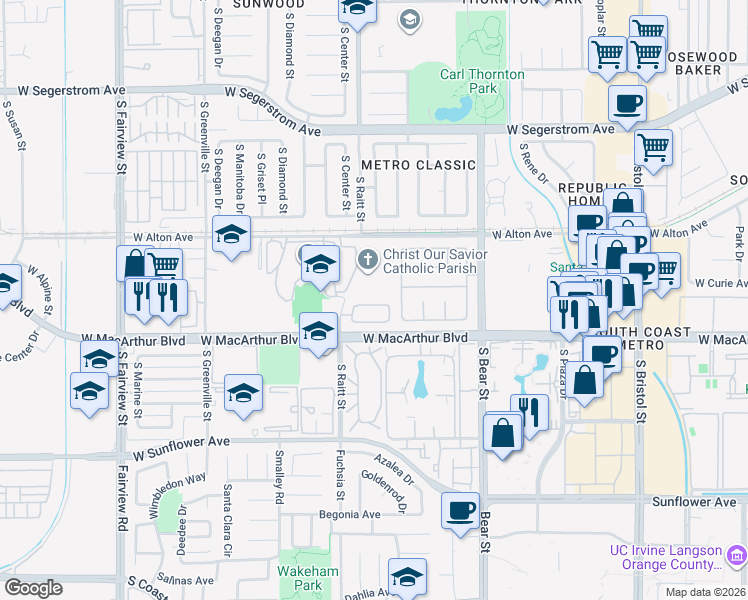 map of restaurants, bars, coffee shops, grocery stores, and more near 2001 West MacArthur Boulevard in Santa Ana