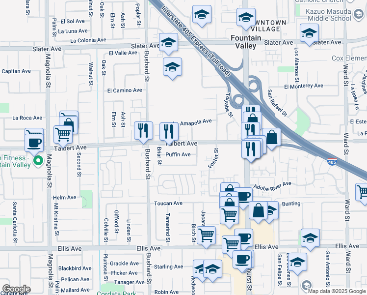 map of restaurants, bars, coffee shops, grocery stores, and more near 9682 Talbert Avenue in Fountain Valley