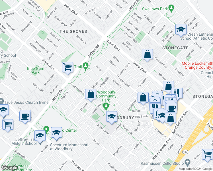 map of restaurants, bars, coffee shops, grocery stores, and more near 72 Canal in Irvine