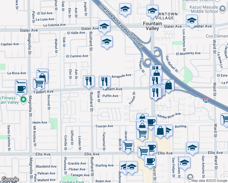 map of restaurants, bars, coffee shops, grocery stores, and more near 9682 Talbert Avenue in Fountain Valley