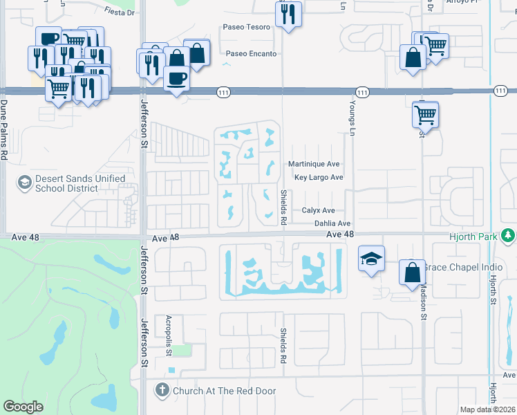 map of restaurants, bars, coffee shops, grocery stores, and more near 80394 Avenue 48 in Indio