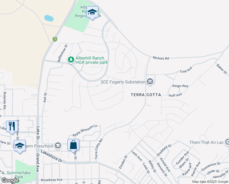 map of restaurants, bars, coffee shops, grocery stores, and more near 4074 Madonna Circle in Lake Elsinore