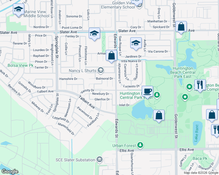 map of restaurants, bars, coffee shops, grocery stores, and more near 17952 Caledonia Circle in Huntington Beach