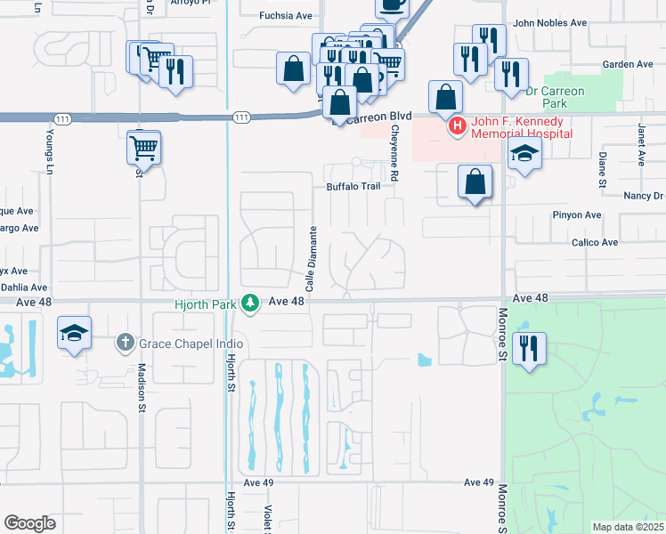 map of restaurants, bars, coffee shops, grocery stores, and more near 47798 Prado Way in Indio