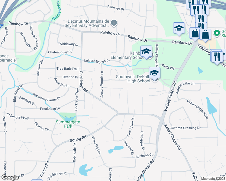 map of restaurants, bars, coffee shops, grocery stores, and more near 3870 Grand Pines Drive in Decatur