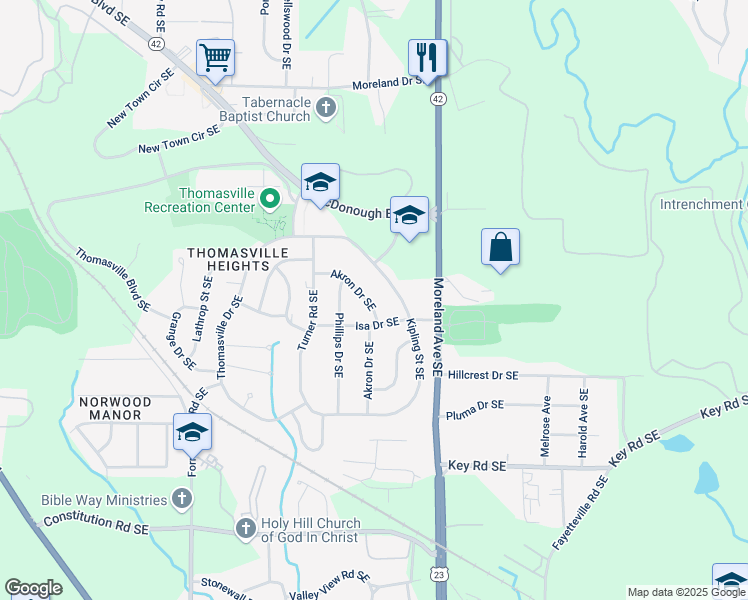 map of restaurants, bars, coffee shops, grocery stores, and more near 1938 Akron Drive Southeast in Atlanta