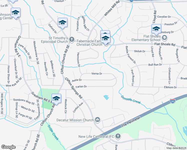 map of restaurants, bars, coffee shops, grocery stores, and more near 2317 Verna Drive in Decatur