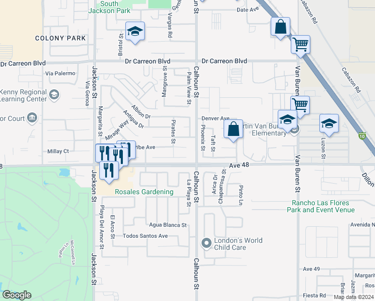 map of restaurants, bars, coffee shops, grocery stores, and more near 83459 Caribe Avenue in Indio