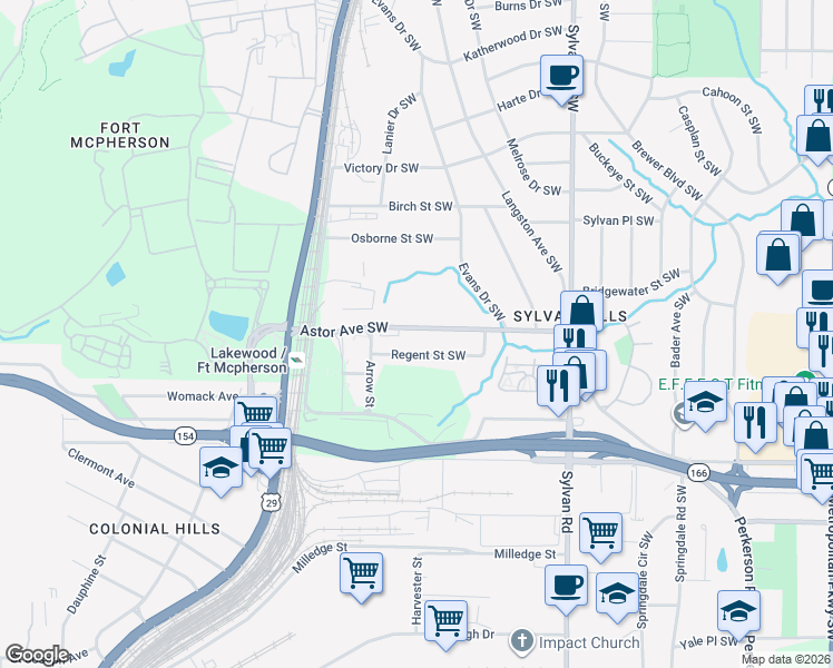 map of restaurants, bars, coffee shops, grocery stores, and more near 1088 Astor Avenue Southwest in Atlanta