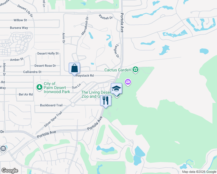 map of restaurants, bars, coffee shops, grocery stores, and more near 47550 Silver Spur Trail in Palm Desert