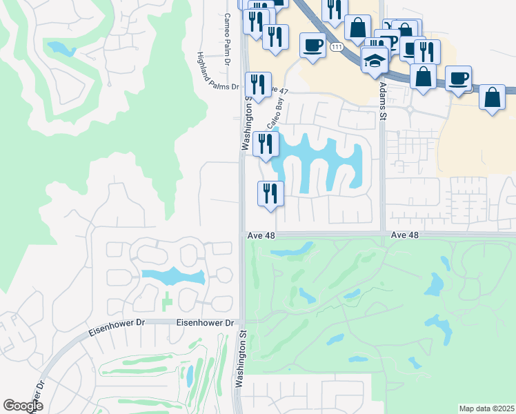map of restaurants, bars, coffee shops, grocery stores, and more near 47805 Caleo Bay in La Quinta