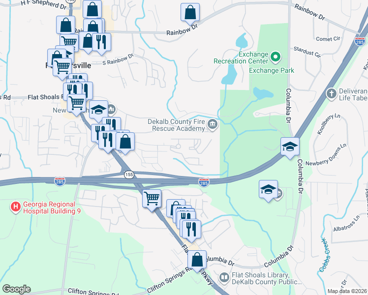 map of restaurants, bars, coffee shops, grocery stores, and more near 3100 Lumby Drive in Decatur