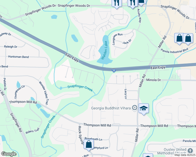 map of restaurants, bars, coffee shops, grocery stores, and more near 4772 Shire Drive in Stonecrest