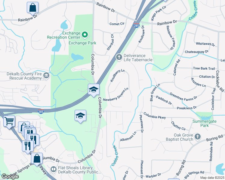 map of restaurants, bars, coffee shops, grocery stores, and more near 3446 Newberry Trail in Decatur