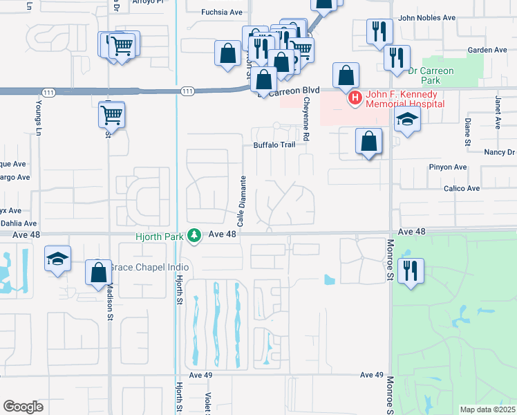 map of restaurants, bars, coffee shops, grocery stores, and more near 47798 Prado Way in Indio
