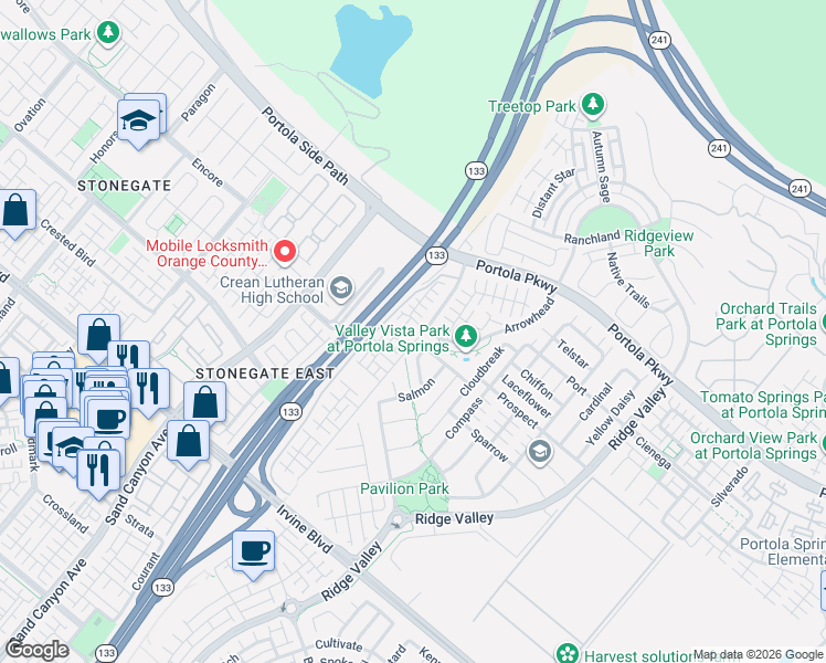map of restaurants, bars, coffee shops, grocery stores, and more near 65 Kestrel in Irvine