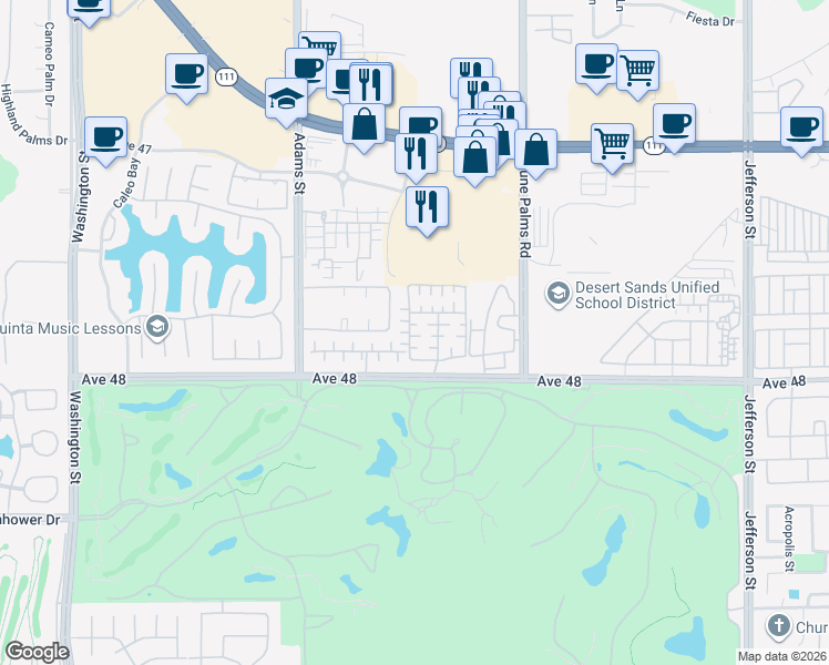 map of restaurants, bars, coffee shops, grocery stores, and more near 47788 Dancing Butterfly in La Quinta