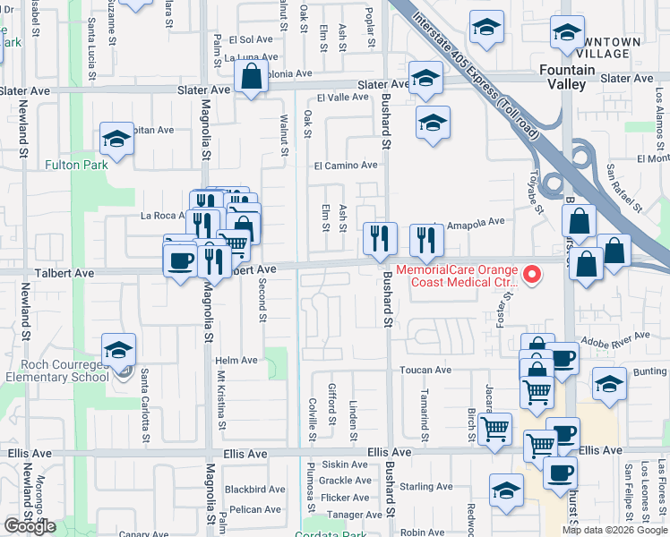 map of restaurants, bars, coffee shops, grocery stores, and more near 9322 El Arbol Avenue in Fountain Valley