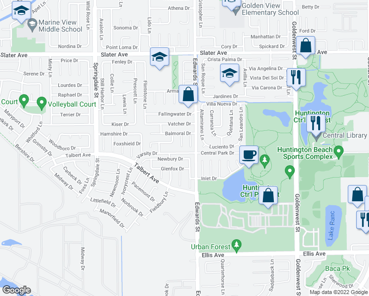 map of restaurants, bars, coffee shops, grocery stores, and more near 17952 Caledonia Circle in Huntington Beach