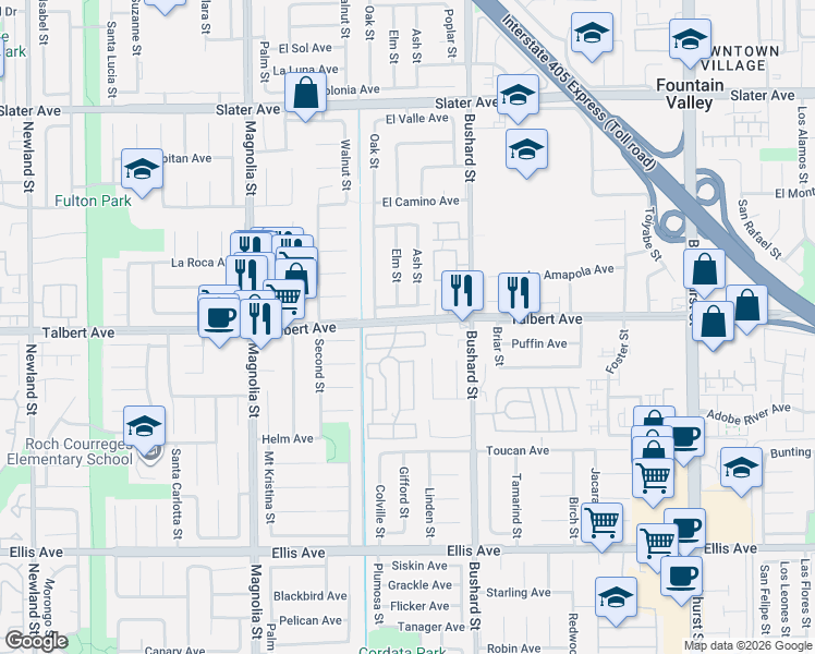 map of restaurants, bars, coffee shops, grocery stores, and more near 9366 Talbert Avenue in Fountain Valley
