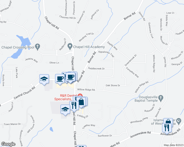map of restaurants, bars, coffee shops, grocery stores, and more near 3843 Willow Hollow in Douglasville