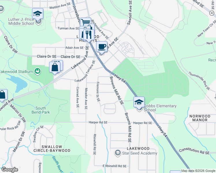 map of restaurants, bars, coffee shops, grocery stores, and more near 1901 Browns Mill Road Southeast in Atlanta