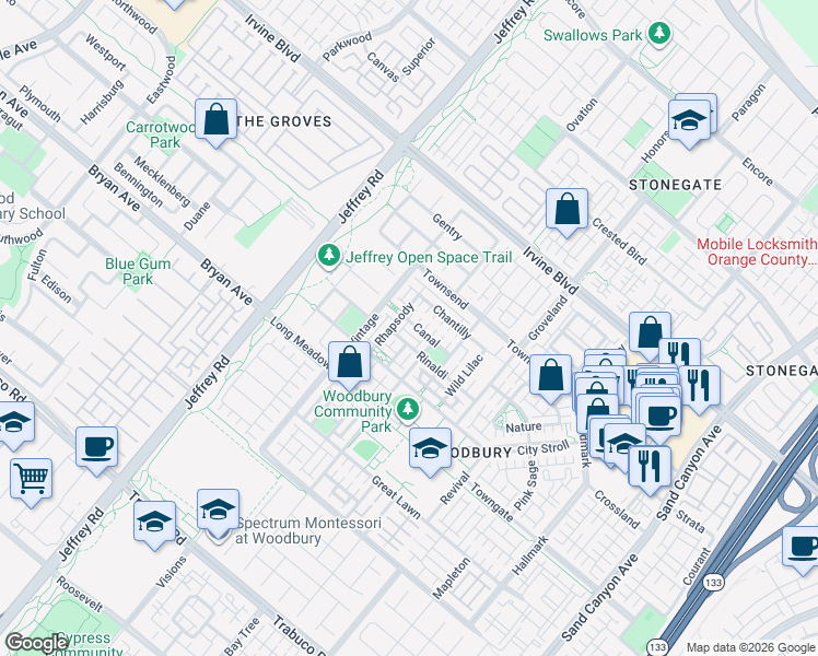 map of restaurants, bars, coffee shops, grocery stores, and more near 72 Canal in Irvine