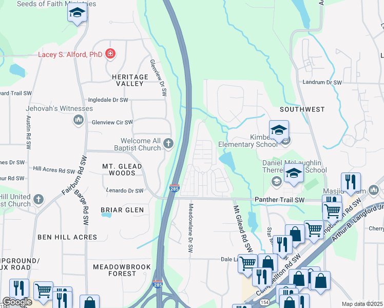 map of restaurants, bars, coffee shops, grocery stores, and more near 3301 Cascade Parc Boulevard Southwest in Atlanta