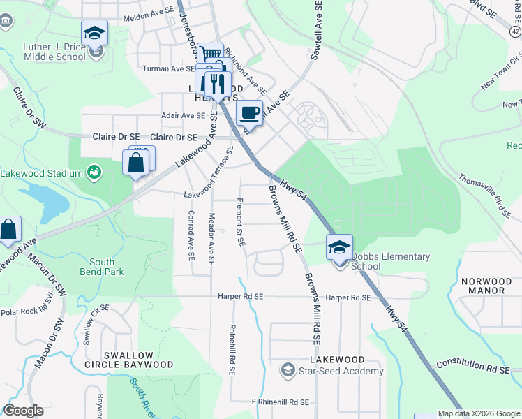 map of restaurants, bars, coffee shops, grocery stores, and more near 338 Troy Street Southeast in Atlanta