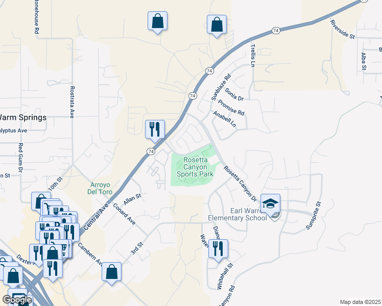 map of restaurants, bars, coffee shops, grocery stores, and more near Ardenwood Way in Lake Elsinore
