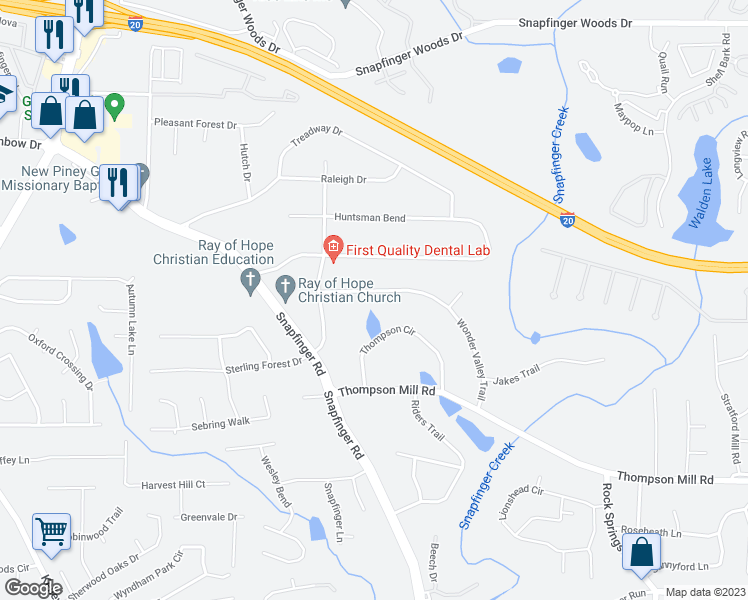 map of restaurants, bars, coffee shops, grocery stores, and more near 4515 Wonder Valley Trail in Decatur