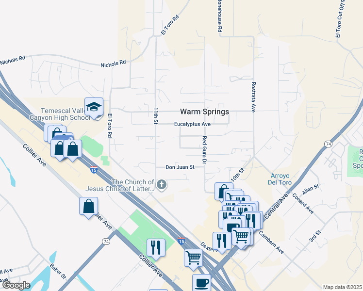 map of restaurants, bars, coffee shops, grocery stores, and more near 18311 Honey Lane in Lake Elsinore
