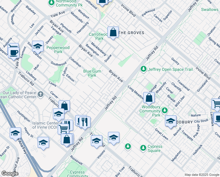 map of restaurants, bars, coffee shops, grocery stores, and more near 40 Midsummer in Irvine