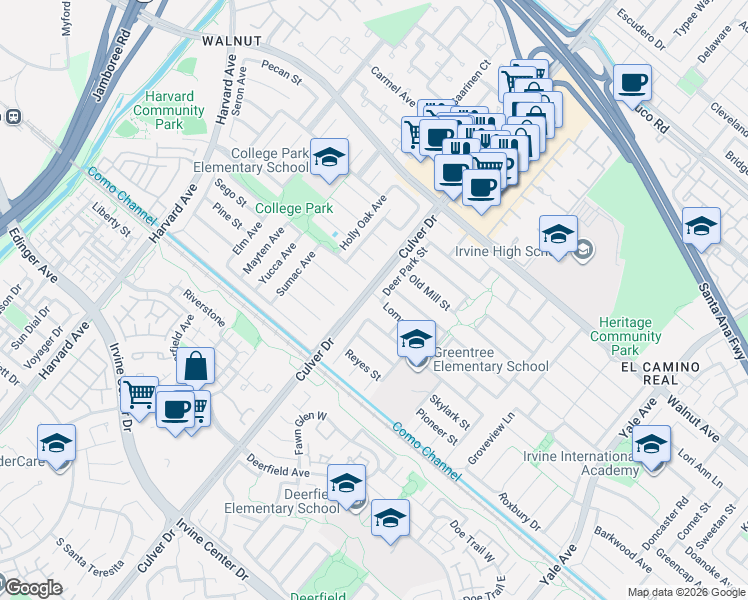 map of restaurants, bars, coffee shops, grocery stores, and more near 3981 Acacia Street in Irvine