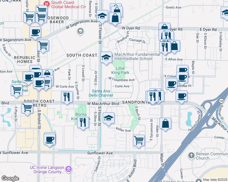 map of restaurants, bars, coffee shops, grocery stores, and more near 601 Curie Avenue in Santa Ana