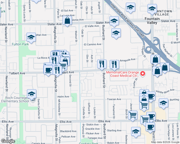 map of restaurants, bars, coffee shops, grocery stores, and more near 9322 El Arbol Avenue in Fountain Valley