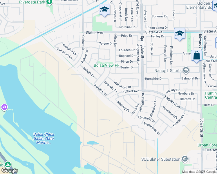 map of restaurants, bars, coffee shops, grocery stores, and more near 5701 Grimsby Drive in Huntington Beach