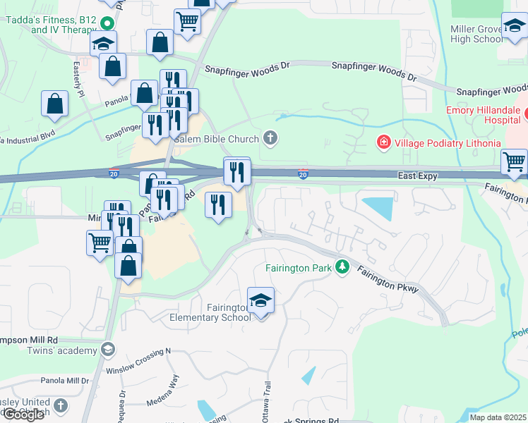 map of restaurants, bars, coffee shops, grocery stores, and more near 149 Rue Fontaine in Stonecrest