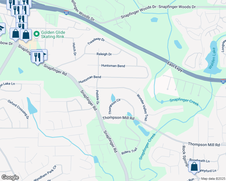 map of restaurants, bars, coffee shops, grocery stores, and more near 4515 Wonder Valley Trail in Decatur