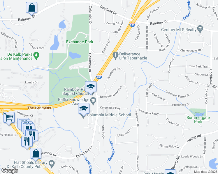 map of restaurants, bars, coffee shops, grocery stores, and more near 3446 Newberry Trail in Decatur